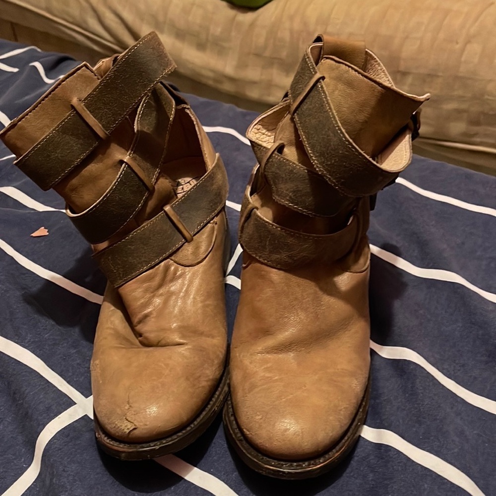 Light army green Freebird booties with 3 buckles